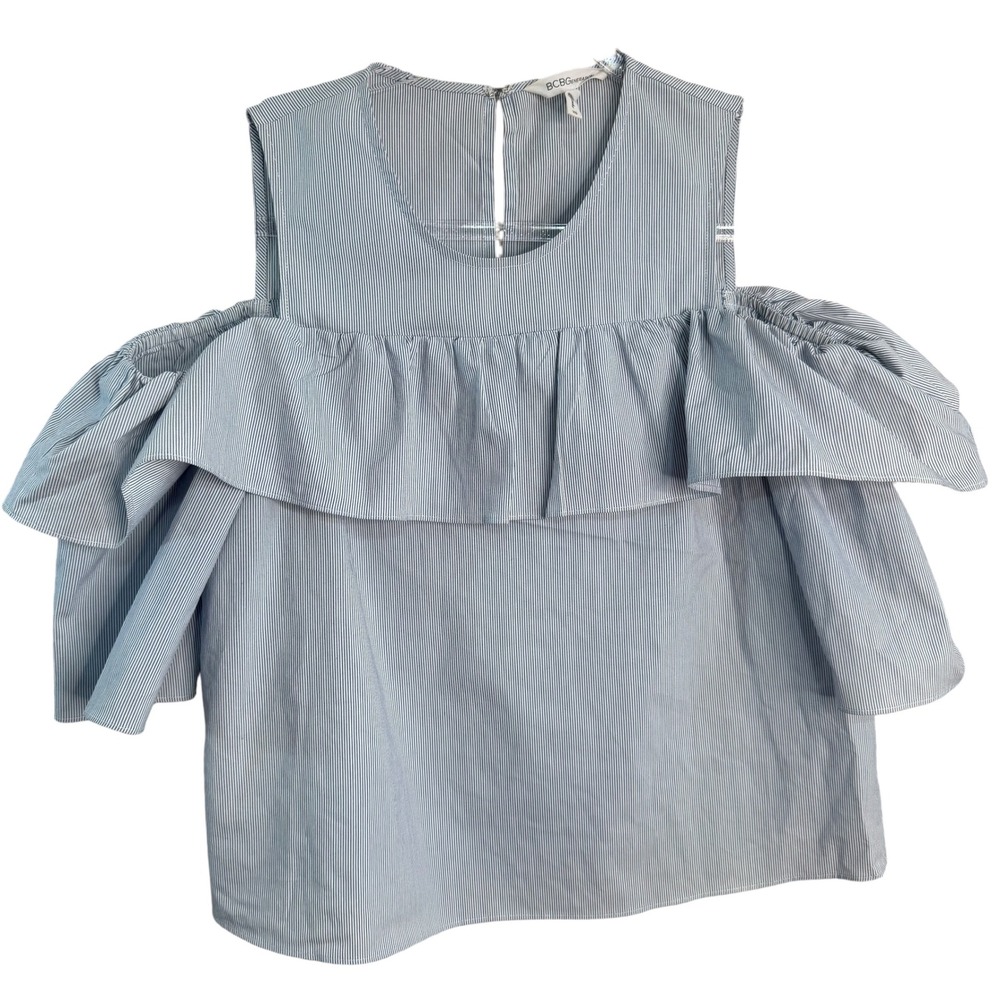 BCBGeneration Womens XS Blue White Striped Cold Shoulder Ruffle Blouse Top
